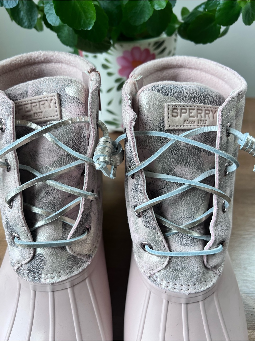 Sperry Women's Saltwater Metallic Camo Pink Waterproof Duck Boots Size 9 - Picture 4 of 10